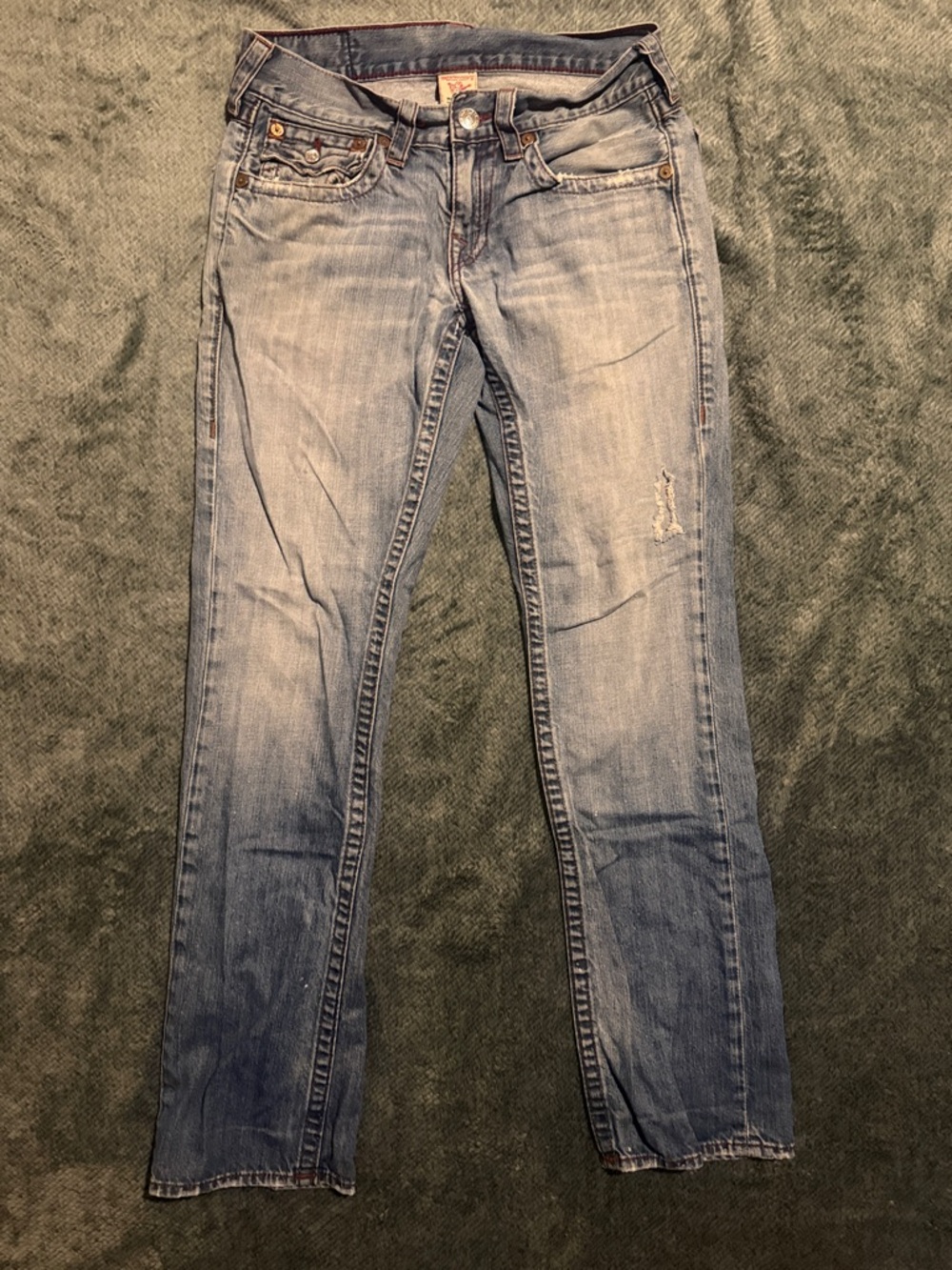 True Religion “World Tour” Men's Straight Jeans Light Blue Wash Red/Brown Stitch